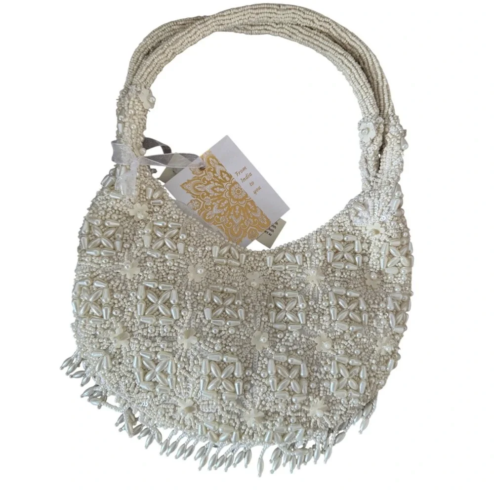 Viral Beaded Faux Pearl All White Satchel Tote Bag Wedding